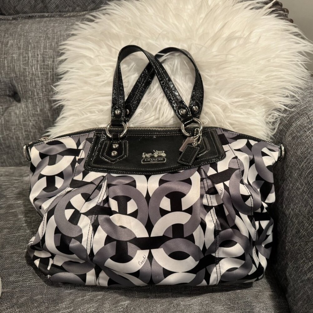Coach Madison Claire Op Art Sateen Satchel Black Gray Chain Link Style 14321